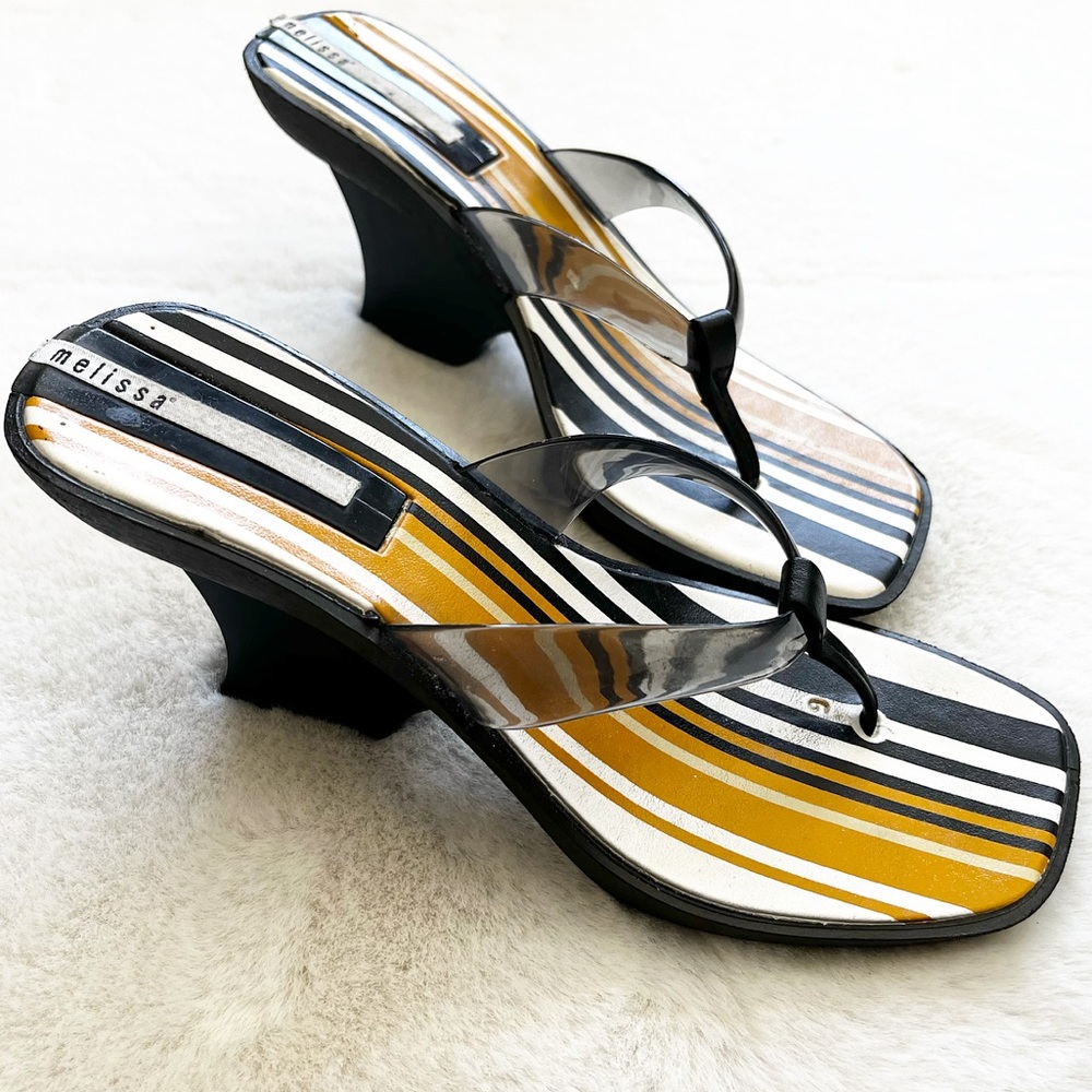 MELISSA 90s Y2K Black Thong Jelly Wedge Sandals Size 7 Trendy Chic Retro Mod